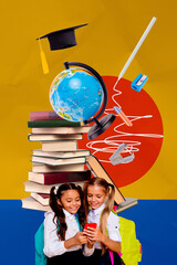 Trend artwork sketch image collage of pile book map world two classmates young girl smile hold...