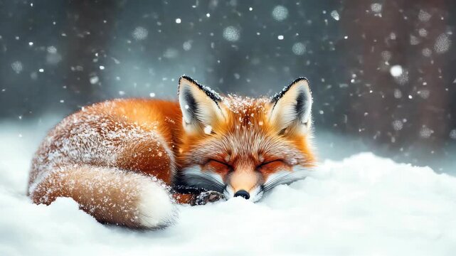 Red Fox Sleeping in the Snow During Winter