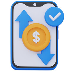 3D illustration of a smartphone with up and down arrows, a dollar coin, and a checkmark, representing mobile money transfers, deposits, and withdrawals in a secure digital transaction.