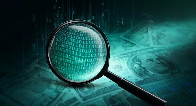 Global Cybersecurity Search with Magnifying Glass Over Binary World Map.