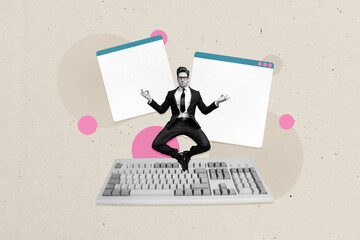 3D photo collage template trend of young businessman formalwear balance meditate website remote...