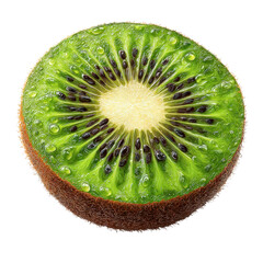 Vibrant Kiwi Delight: A close-up shot of a sliced kiwi fruit, displaying the refreshing texture, juicy flesh, and small black seeds, all accented by glistening droplets. 
