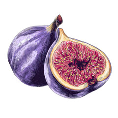 Exquisite Figs: A close-up, detailed view of ripe, succulent figs, their vibrant colors and textures beautifully captured in a lifelike illustration, revealing the fruit's inner sweetness.
