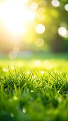 Obraz premium Close-up of vibrant green grass bathed in sunlight. Blurred background of bright, sunny bokeh