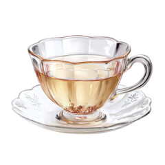 Elegant Glass Teacup and Saucer: A delicate, clear glass teacup with a scalloped design sits on a matching saucer, filled with a light amber tea, perfect for a moment of quiet relaxation.