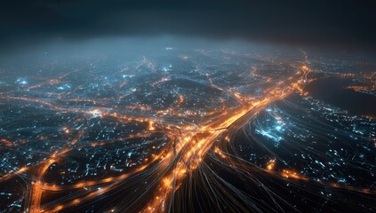 Aerial view of a vibrant, interconnected city network at night.  Complex web of roads,  glowing city lights, and a hazy atmosphere