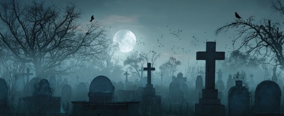 The shadowy graveyard under a full moon, evoking an eerie atmosphere.