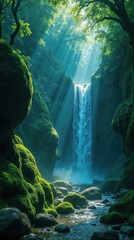 Sunbeams shining on a waterfall in a deep, mossy forest gorge