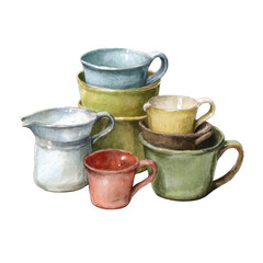 Watercolor Ceramic Tableware Collection: A watercolor depiction of a stack of charming ceramic cups and a pitcher, showcasing a variety of earthy tones and textures.