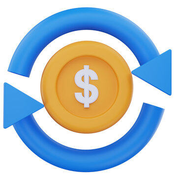 3D illustration of a yellow dollar coin surrounded by a circular blue arrow, symbolizing recurring payments, automatic billing cycles, or subscription-based financial transactions.