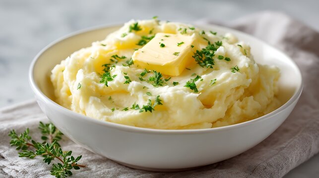 Creamy Mashed Potatoes Topped with Butter and Fresh Herbs
