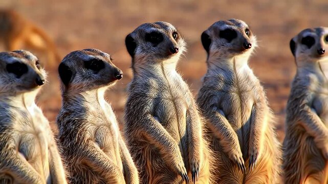 A group of meerkats stands upright alert with another meerkat blurred in the background