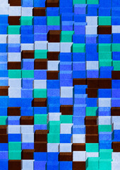 Fototapeta premium 3D Cool Cube Grid. Blue, cyan, and sea-green cubes create a cool-toned, pixel-like 3D grid. A layered architectural abstraction with a digital mosaic feeling.