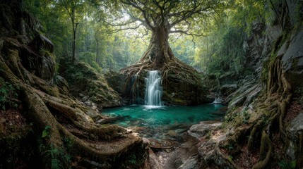 Enormous tree with expansive roots towers over a small, glistening waterfall & lagoon