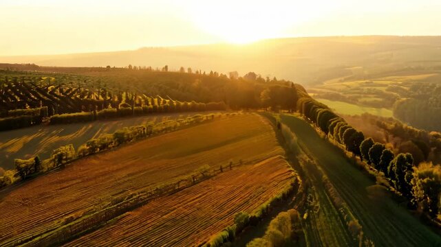 sun-drenched rolling fields with patchwork vineyards and wheat, drone view from above