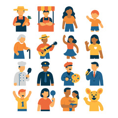 regional fairs people modern flat style. farmer, vendor, visitor, child, elderly person, musician, dancer, volunteer, chef, security guard, artist, announcer, competitor