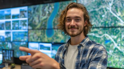 A young man with a friendly smile points forward in a control room displaying multiple large maps on screens behind him.