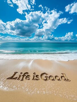 Serene Beach Scene: 'Life is Good' Message Carved in Sand Amidst Waves and Clouds
