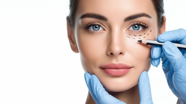 Close-Up Video of Eyelid Surgery Preparation with Medical Pencil on Woman&rsquo;s Face in Cosmetic Procedure