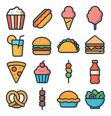 neighborhood festivals foods modern flat style. popcorn, hot dog, ice cream cone, cotton candy, lemonade, burger, taco, sandwich, pizza slice, cupcake, fruit skewer, soda