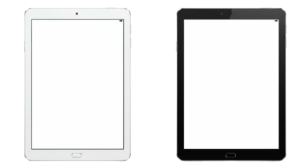 Two modern tablets, one white bezel, one black, with blank illuminated screens, full objects side-by-side on a stark white, shadowless background, ultra photorealistic UHD studio product presentation