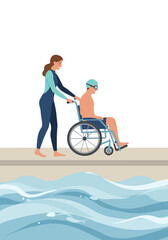 Female swimming instructor in wetsuit pushing a man in a wheelchair by the pool (flat vector illustration)