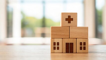 Wooden blocks forming a hospital building icon with open doors — welcoming healthcare access
