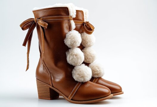 Tan leather boots with faux fur pom-poms