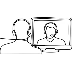 Line art featuring person in video conference using headset and computer screen. Person in video conference setting displays simple, single-line aesthetic.