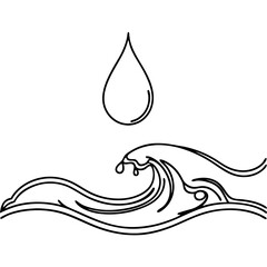 Water droplet and wave illustration shows minimalist outline with simple ripple. Water droplet and wave evokes purity with flowing seawater and clean lines, embodying essence of fluidity.