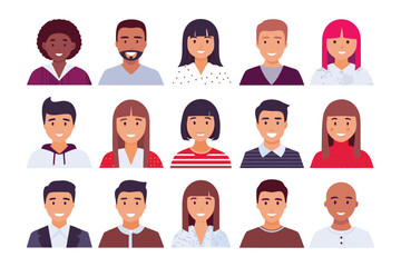 Diverse Faces: A collection of fifteen diverse faces, each uniquely expressive, embodying a modern and inclusive representation of people from varied backgrounds.