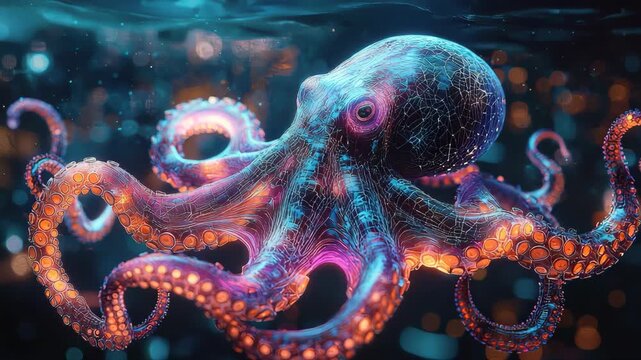 Translucent Cyber Octopus in Futuristic Underwater Scene