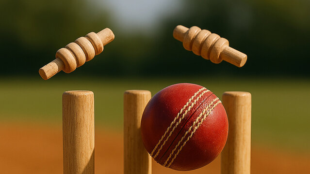 Leather Cricket ball hits the stumps (Wickets) and knocks off the bails (Close-up shot) - Powered by Adobe