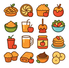 apple cooking and recipes modern flat style. apple pie, apple tart, apple crumble, baked apple, apple sauce, apple juice, caramel apple, apple salad, apple smoothie