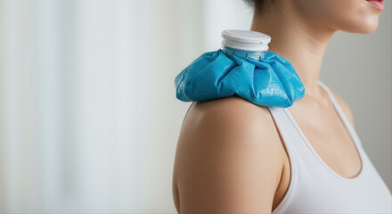 shoulder with ice pack. Young woman applying ice pack to shoulder for pain relief  