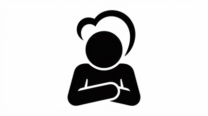 A minimalist black and white icon design of a person sitting with their arms crossed, drawn in a simple stick figure style.