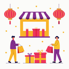 Diwali Gift Exchange Illustration with Lanterns and Shop