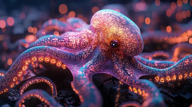 Translucent Cyber Octopus on Circuit Board