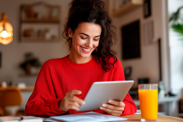 Young woman sitting at a desk at home using a tablet, smiling. Remote worker.