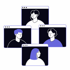 Online Business Discussion Concept, Vector of Diverse People in Web Windows Talking