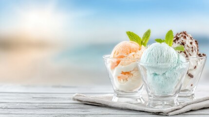 Beachside Ice Cream: A refreshing assortment of colorful ice cream scoops in glass dishes, garnished with mint, offering a taste of summer bliss against a blurred ocean backdrop. 