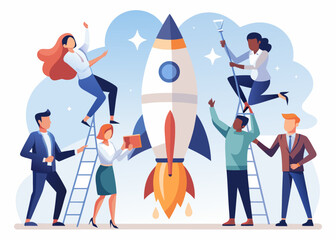 Business Startup Concept, Flat Vector of Diverse Team Assembling Rocket for Launch