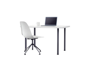 Fototapeta premium Minimalist desk with laptop and mug, sleek white chair with wheels, modern workspace, clean background, concept of office setup. 3D Rendering.