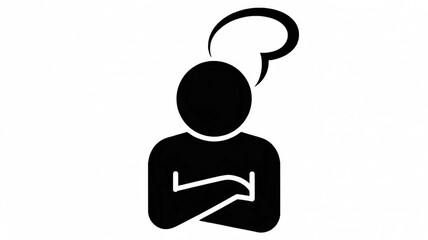 A minimalist black and white icon design of a person sitting with their arms crossed, drawn in a simple stick figure style.
