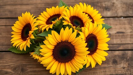 Fototapeta premium Sunflowers arranged on a rustic wooden surface exude warmth under soft golden lighting.