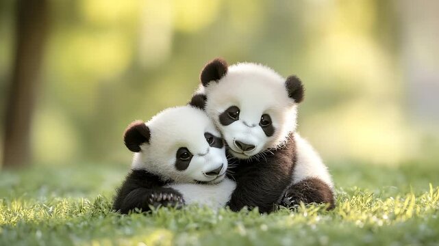 Two Adorable Panda Cubs Hugging Playfully in Green Grass