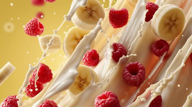 Dynamic fruit swirl of banana slices and raspberries exploding in creamy milk for healthy ads