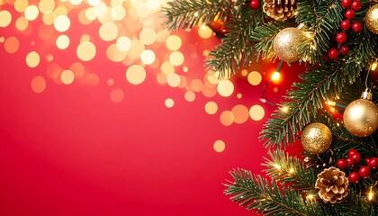 Obraz premium Christmas border with pine boughs, gold ornaments, and red berries on a red background with golden bokeh