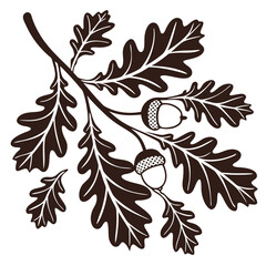 Oak Branch Silhouette with Leaves and Acorns vector