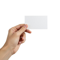 Obraz premium A clean, well-manicured adult hand, light skin tone, gently holding a perfectly blank, matte white rectangular card, close-up on a transparent seamless studio background with bright, diffused